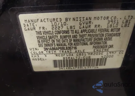 2011 Nissan Sentra z USA, uszkodzony, nr VIN 3N1AB6P8BL635716